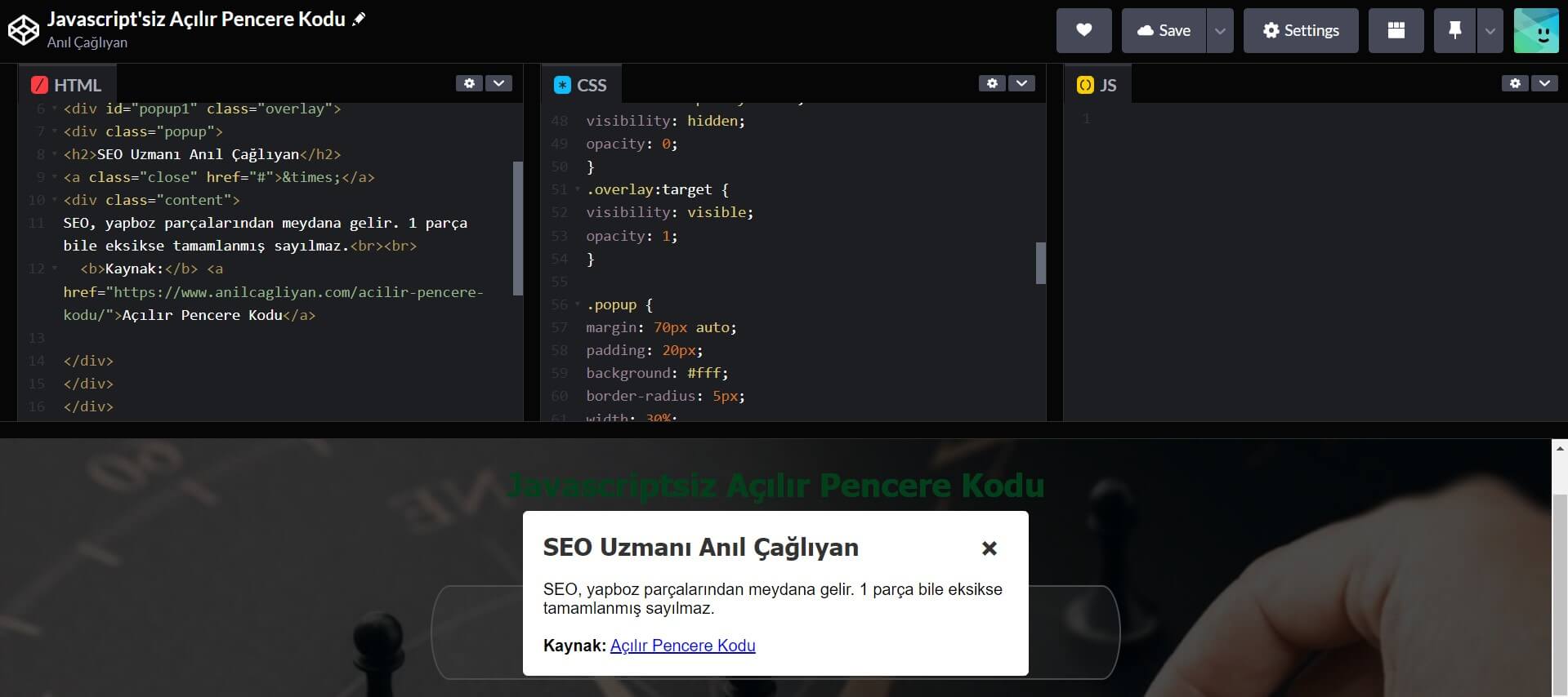 Açılır Pencere Kodu