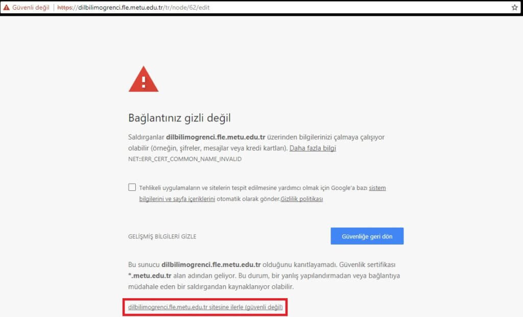 Chrome gizlilik hatası ekranında Gelişmiş seçeneği altında siteye ilerle (güvenli değil) bağlantısı