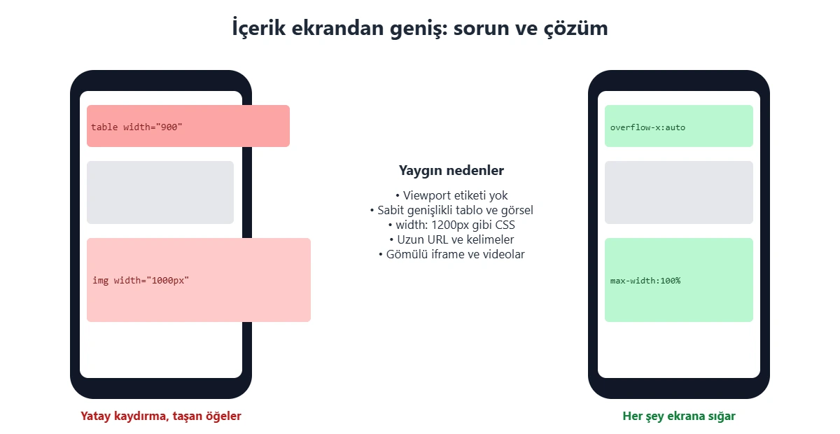 İçerik ekrandan geniş hatası: telefonda sabit genişlikli tablo ve görsellerin taşması ve max-width ile overflow-x çözümü