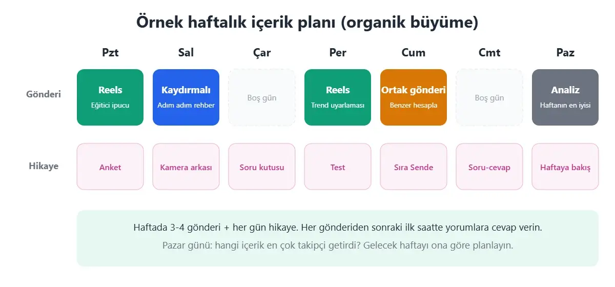 Instagram organik büyüme için örnek haftalık içerik planı: Reels, kaydırmalı gönderi, ortak gönderi ve günlük hikayeler