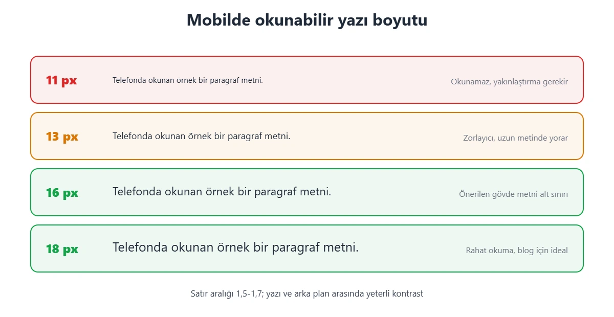 Mobilde okunabilir yazı boyutu karşılaştırması: 11 ve 13 piksel okunması zor, 16 piksel önerilen alt sınır, 18 piksel rahat okuma