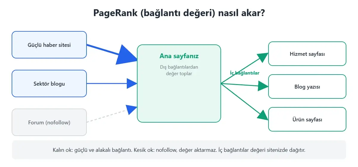 PageRank bağlantı değeri nasıl akar: dış sitelerden gelen bağlantılar ana sayfaya, iç bağlantılarla diğer sayfalara dağılır; nofollow değer aktarmaz