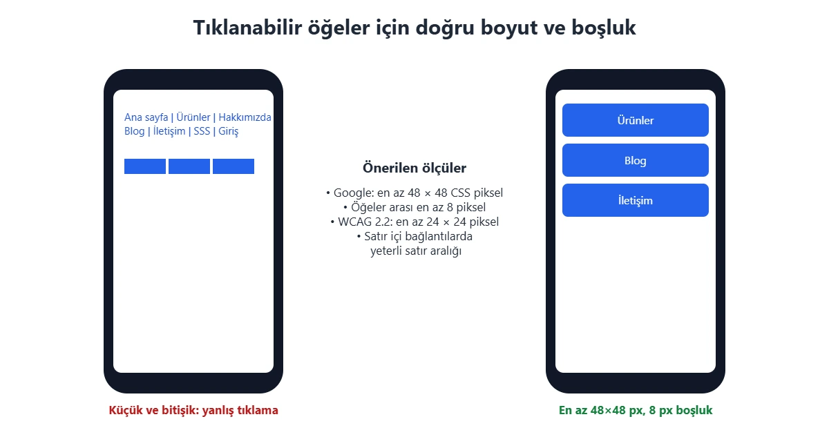 Tıklanabilir öğeler birbirine çok yakın hatası: küçük bitişik bağlantılar ile en az 48x48 piksel ve 8 piksel boşluklu butonların karşılaştırması