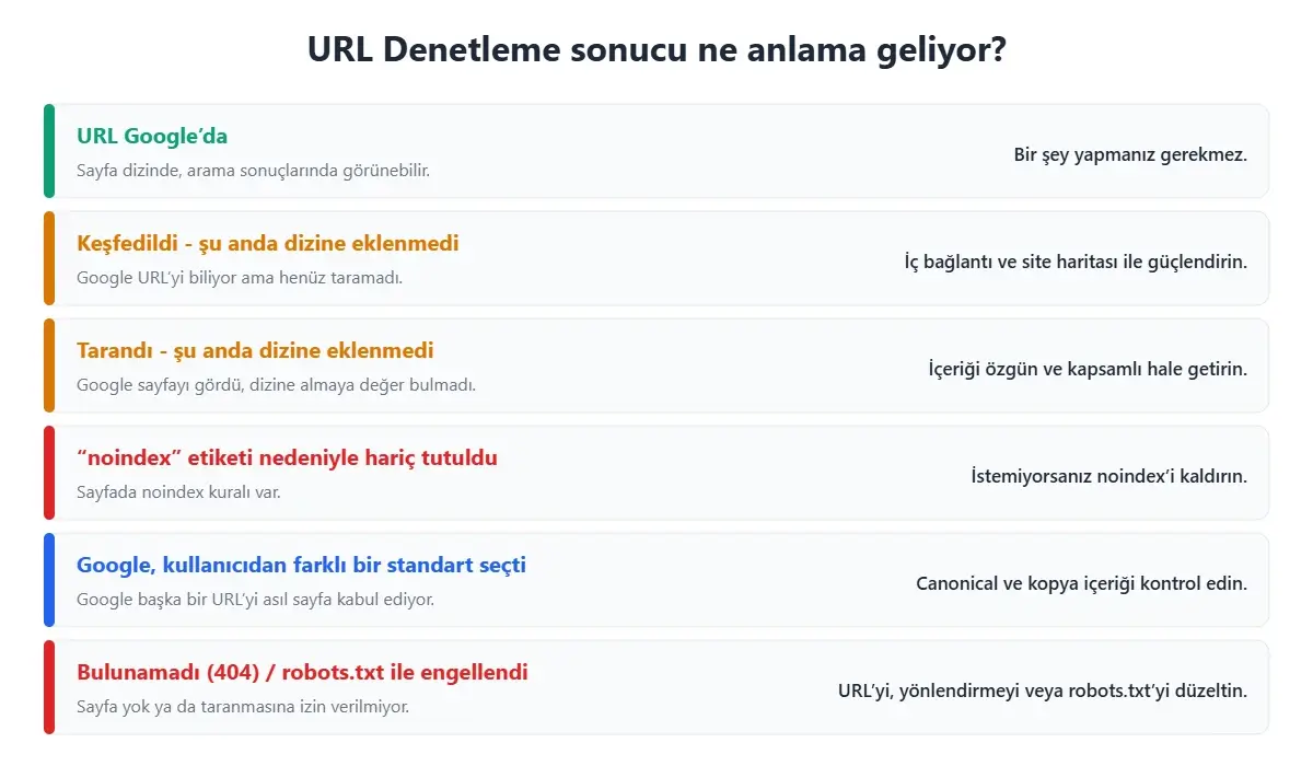 URL Denetleme aracı sonuçlarının anlamları: URL Google’da, keşfedildi, tarandı, noindex, farklı standart, 404 ve robots.txt