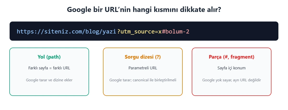 Google’ın URL’de dikkate aldığı kısımlar: yol ve soru işaretli sorgu dizesi taranır, hashtag sonrası parça yok sayılır